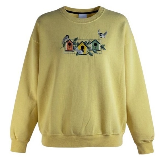 Unbranded Tops - Vintage Birdhouse Embroidered Sweatshirt Yellow Cottagecore Crewneck Pullover M